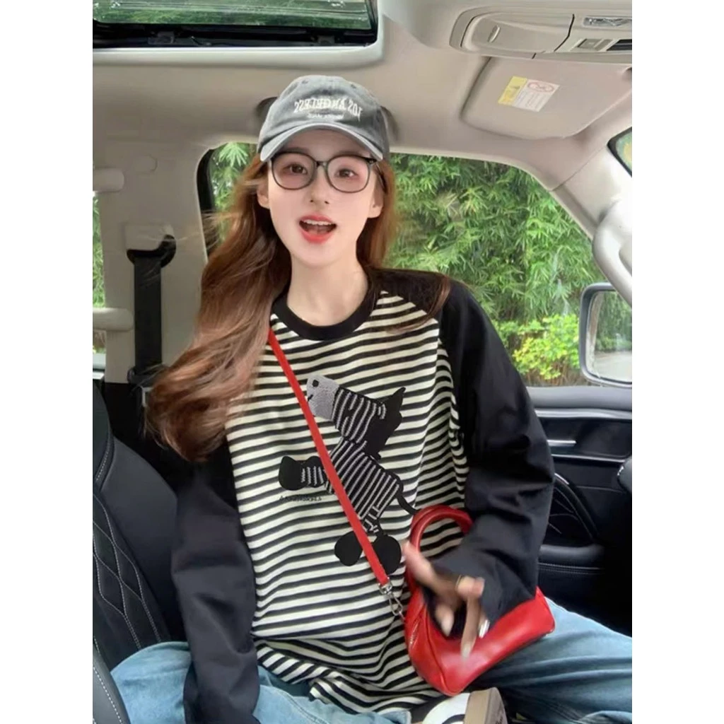 Áo Thun Nữ Dài Tay Phối Màu Dáng Rộng Mặc Thu, Đông Thời Trang Menina