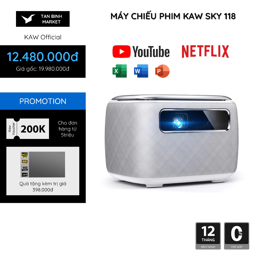 Máy chiếu cao cấp KAW SKY 118 - Công Nghệ Chiếu DLP , Độ Sáng 19000 Lumens, Pin 15600mAh, Bảo Hành 36 Tháng