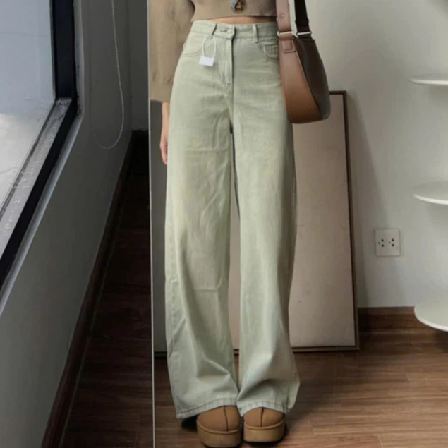 Retrostyle - Quần Jean Nữ Màu Xanh Bạc Ánh Rêu Ống Rộng  Quan7599