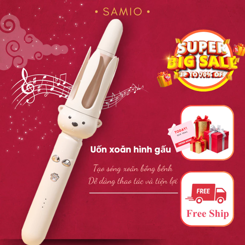 Máy Uốn Xoăn Tự Động Hình Gấu Cute Xoay 360 Độ Có Âm Báo, Máy Làm Tóc Xoăn Tạo Kiểu Tóc Ion Âm Bảo Vệ Tóc - Samio