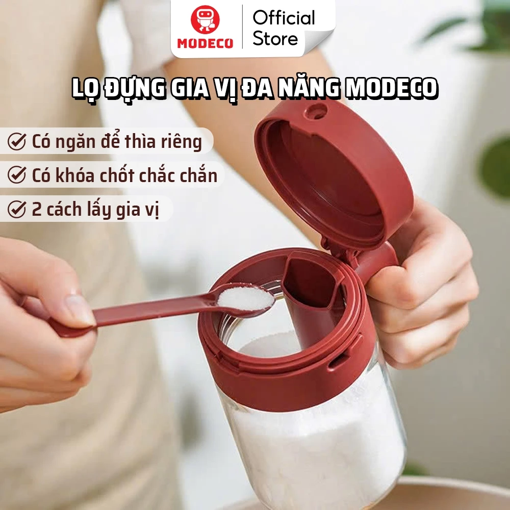Lọ Đựng Gia Vị Thuỷ Tinh Boro Chống Vỡ Cao Cấp Modeco - Hộp Đựng Gia Vị Có Thìa Để Ngăn Riêng Chống Ẩm, Nắp Kín Có Khóa