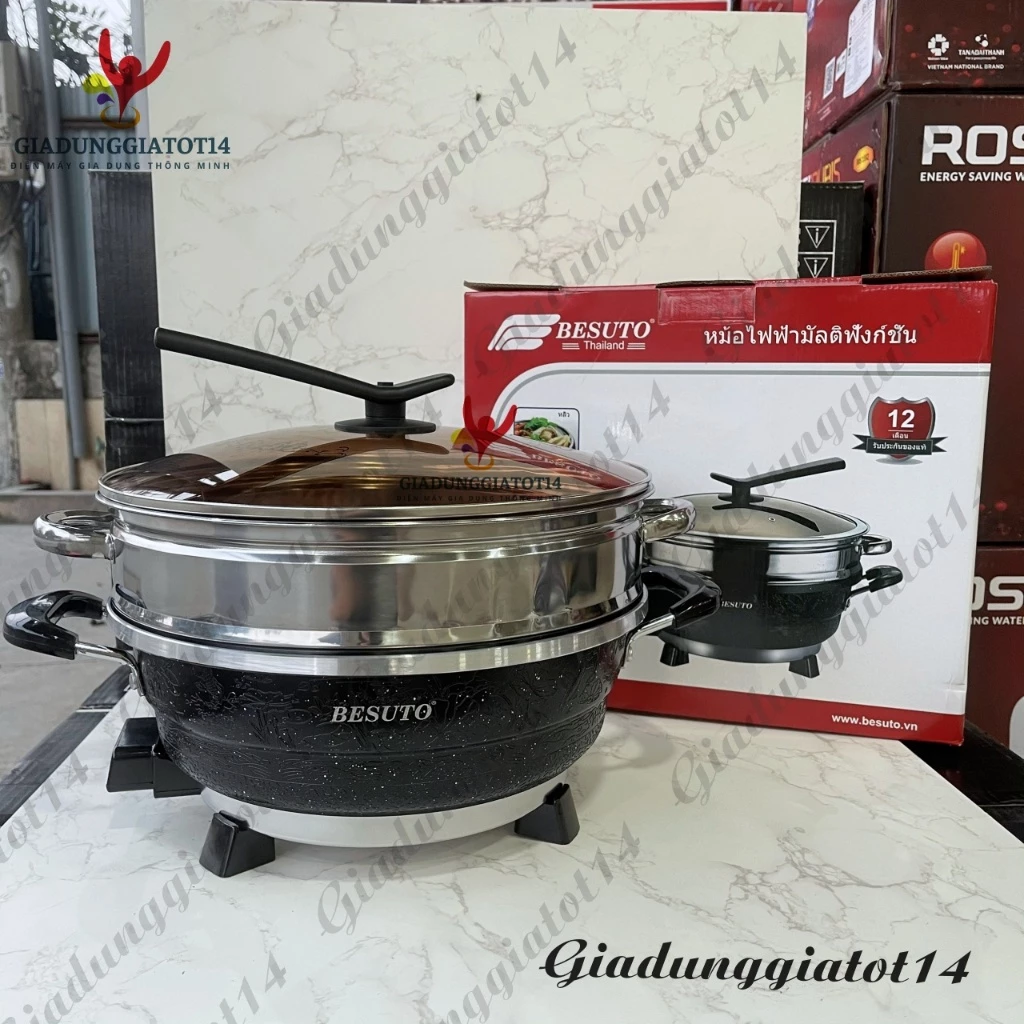 Nồi Lẩu Điện Đa Năng BESUTO BST-076 Nồi Lẩu 2 Tầng 4 Chức Năng Lẩu, Hấp, Chiên, Nướng-Công suất 1500W Bảo Hành 12 Tháng