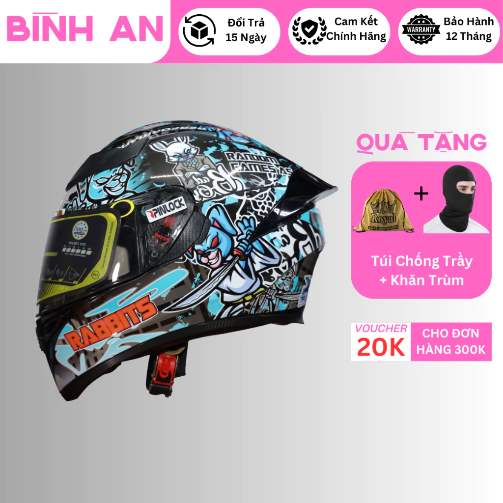 Mũ bảo hiểm fullface ROYAL 138B 1 kính dán tem Thỏ Rabbits chính hãng bảo hành 12 tháng