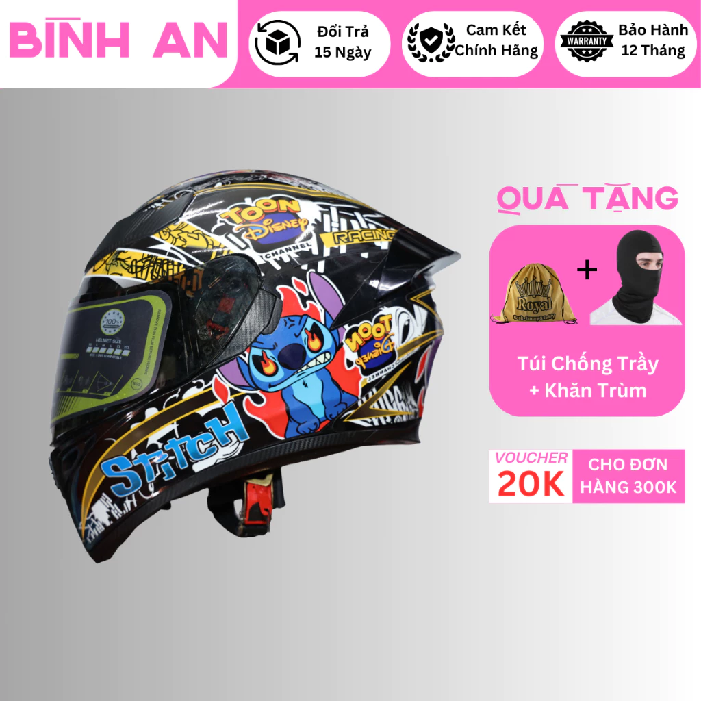 Mũ bảo hiểm fullface ROYAL M138B 1 kính Dán tem Stich Chính hãng bảo hành 12 tháng