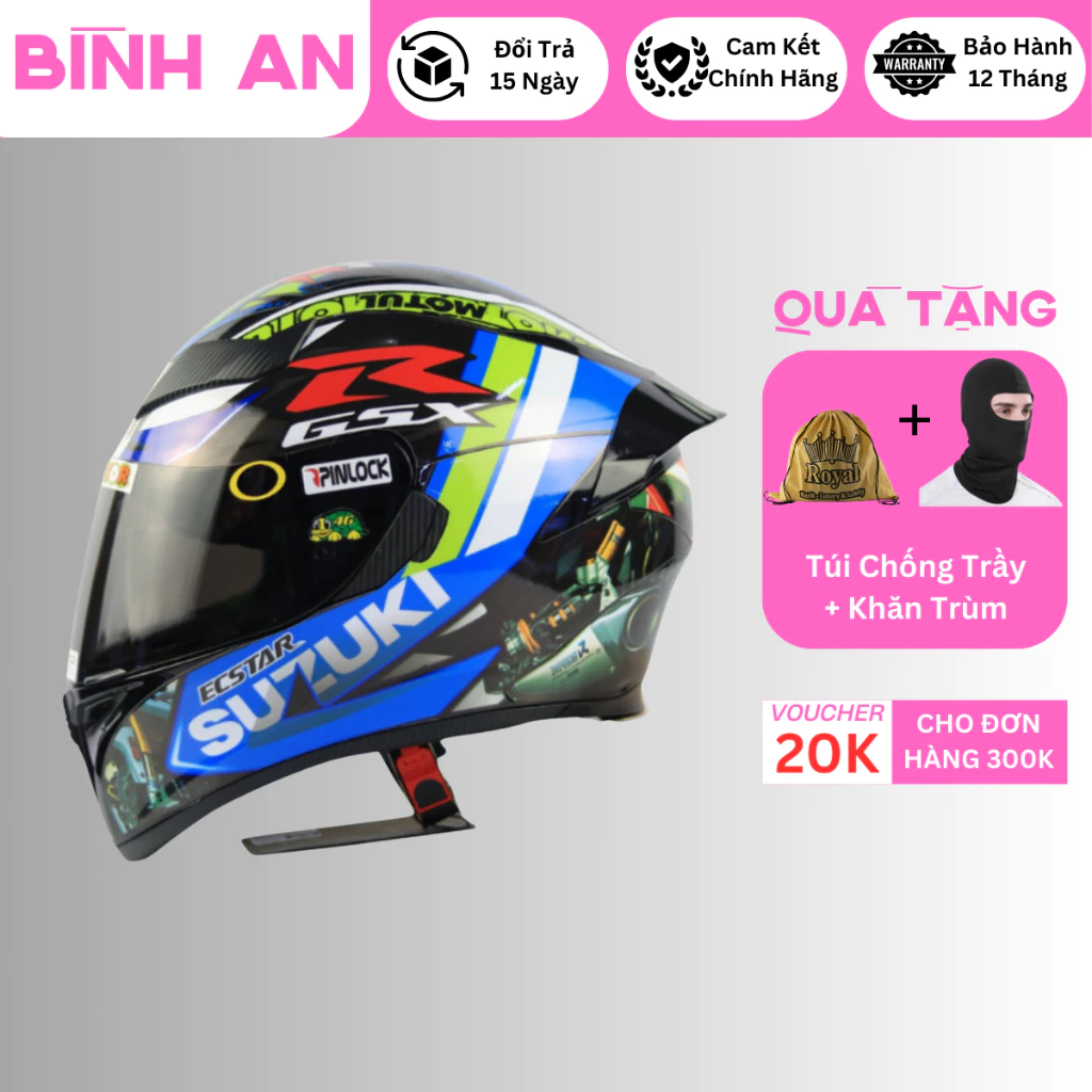 Mũ bảo hiểm fullface Royal m138b 1 kính dán tem Suzuki Chính Hãng bảo hành 12 tháng - bình an 83
