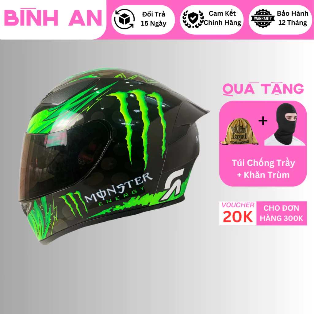 Mũ bảo hiểm fullface ROYAL M138B 1 kính dán tem shark màu xanh chính hãng bảo hành 12 tháng