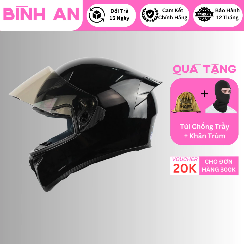 Mũ Bảo Hiểm Fullface ROYAL M138B 1 kính màu đen bóng chính hãng bảo hành 12 tháng - bình an 83