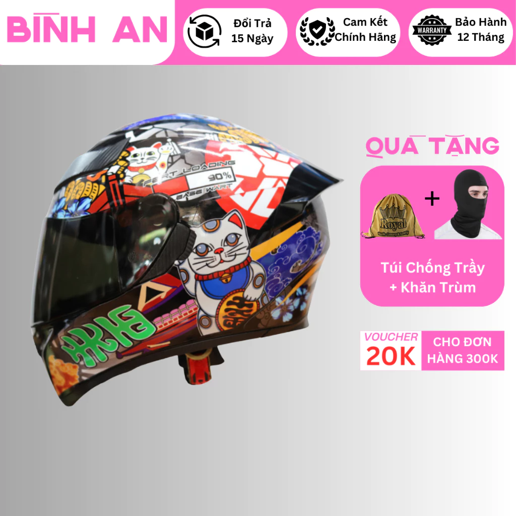Mũ bảo hiểm fullface royal 138B 1 kính dán tem Mèo thần tài chính hãng bảo hành 12 tháng