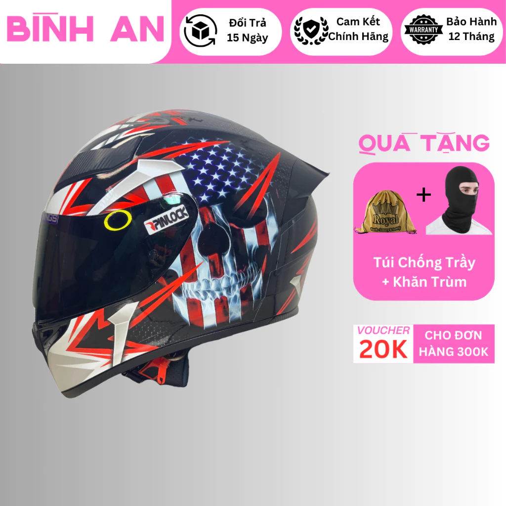 Mũ Bảo Hiểm Fullface Royal M138B 1 kính Dán Tem Cờ Mỹ chính hãng bảo hành 12 tháng - bình an 83