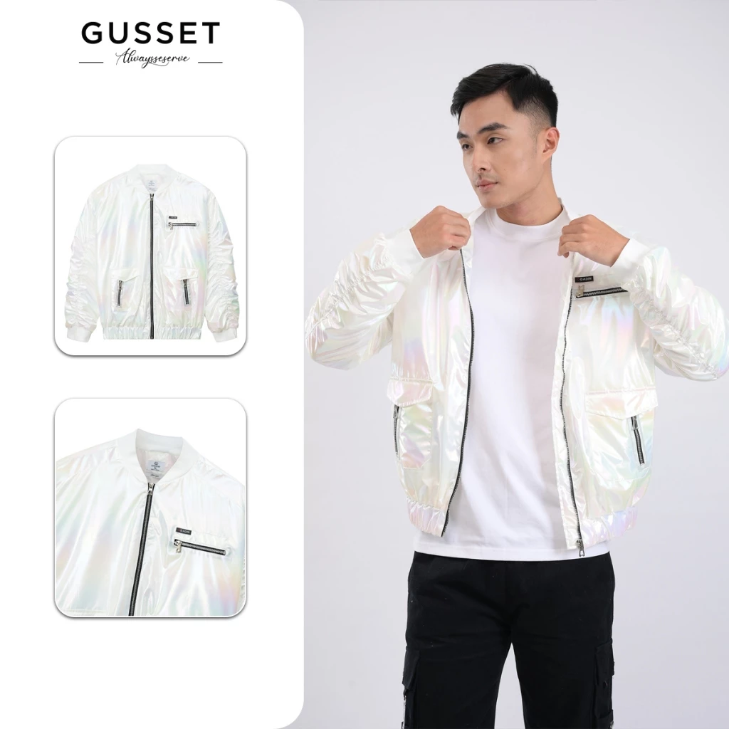 Áo khoác nam, áo khoác gió trần bông chống nước cản gió màu trắng ánh phản quang GUSSET OAK007