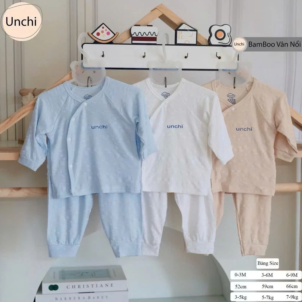 BD38. Bộ Quần Áo Sơ Sinh Unchi Vải Petit Bamboo Vân Nổi Mềm Mỏng Mát Cho Bé Sơ Sinh Từ 3-9kg