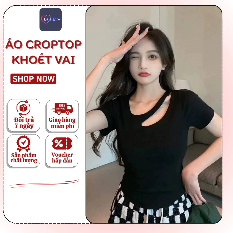 Áo croptop tay ngắn cổ tròn khoét vai gợi cảm, áo thun nữ hở vai dáng ôm body - 1050