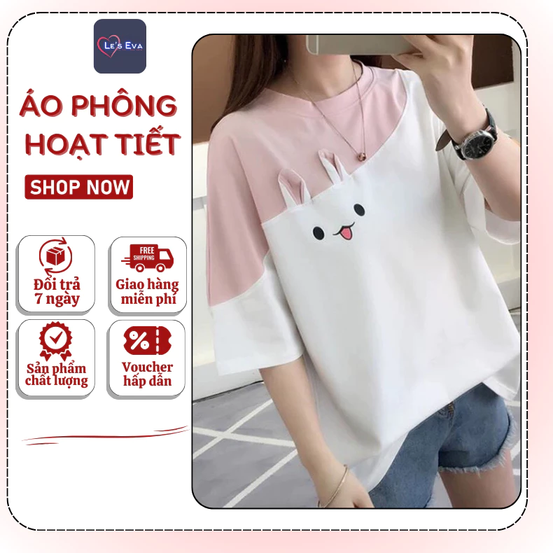 Áo phông dáng rộng cổ tròn tay lỡ in hoạ tiết thỏ dễ thương thời trang Hàn Quốc cho nữ - 4519