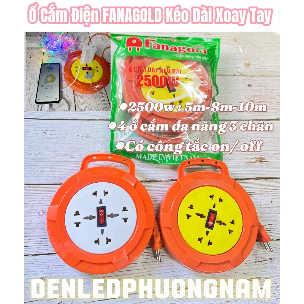 [FANAGOLD] Ổ Cắm Điện Quay Tay 2500w có Công Tắc dây dài 5m/8m/10m - ổ cắm 3 chân, thu dây tiện lợi