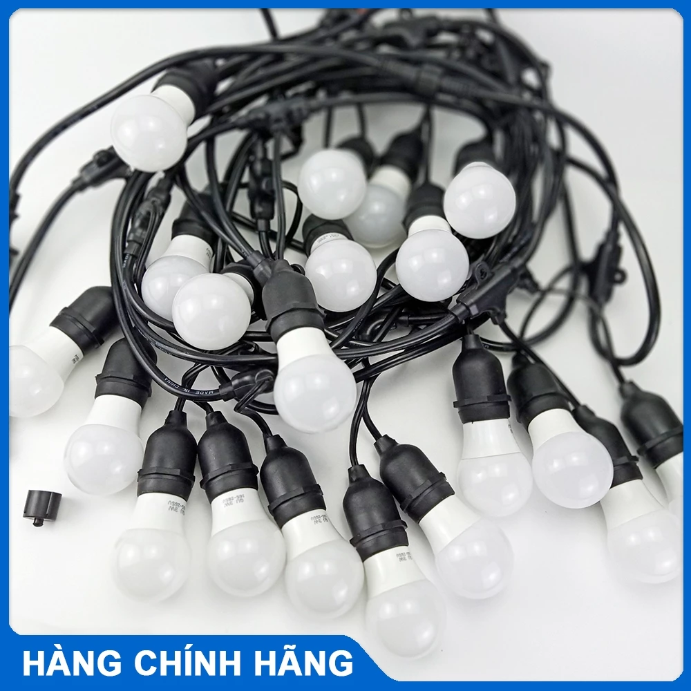 Bộ đui đèn ngoài trời trang trí 10m kèm 20 đui loại chống nước E27, bóng kín nước TẶNG BÓNG 3W