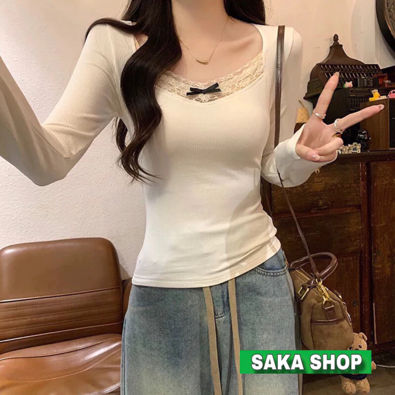 Áo thun nữ dài tay cổ ren nơ dáng dài