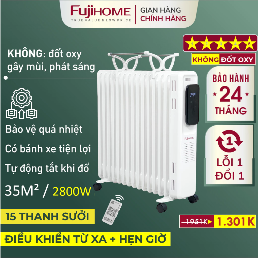 Máy sưởi dầu Nhập Khẩu 15 thanh điều khiển từ xa FUJIHOME, lò sưởi phòng điều chỉnh nhiệt độ
