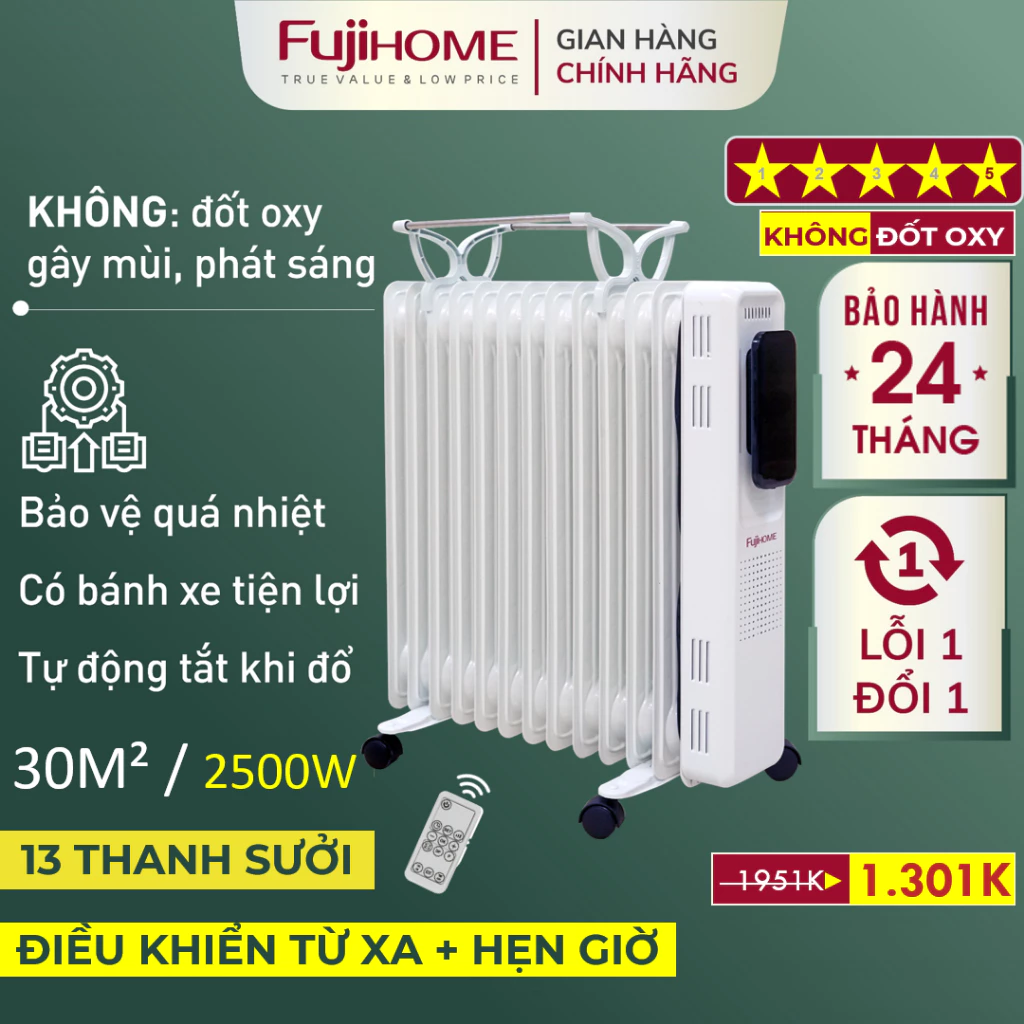 Máy sưởi dầu Nhập Khẩu 13 thanh không khô da FUJIHOME, lò sưởi phòng điều khiển từ xa ko đốt oxy 9 11 15 thanh