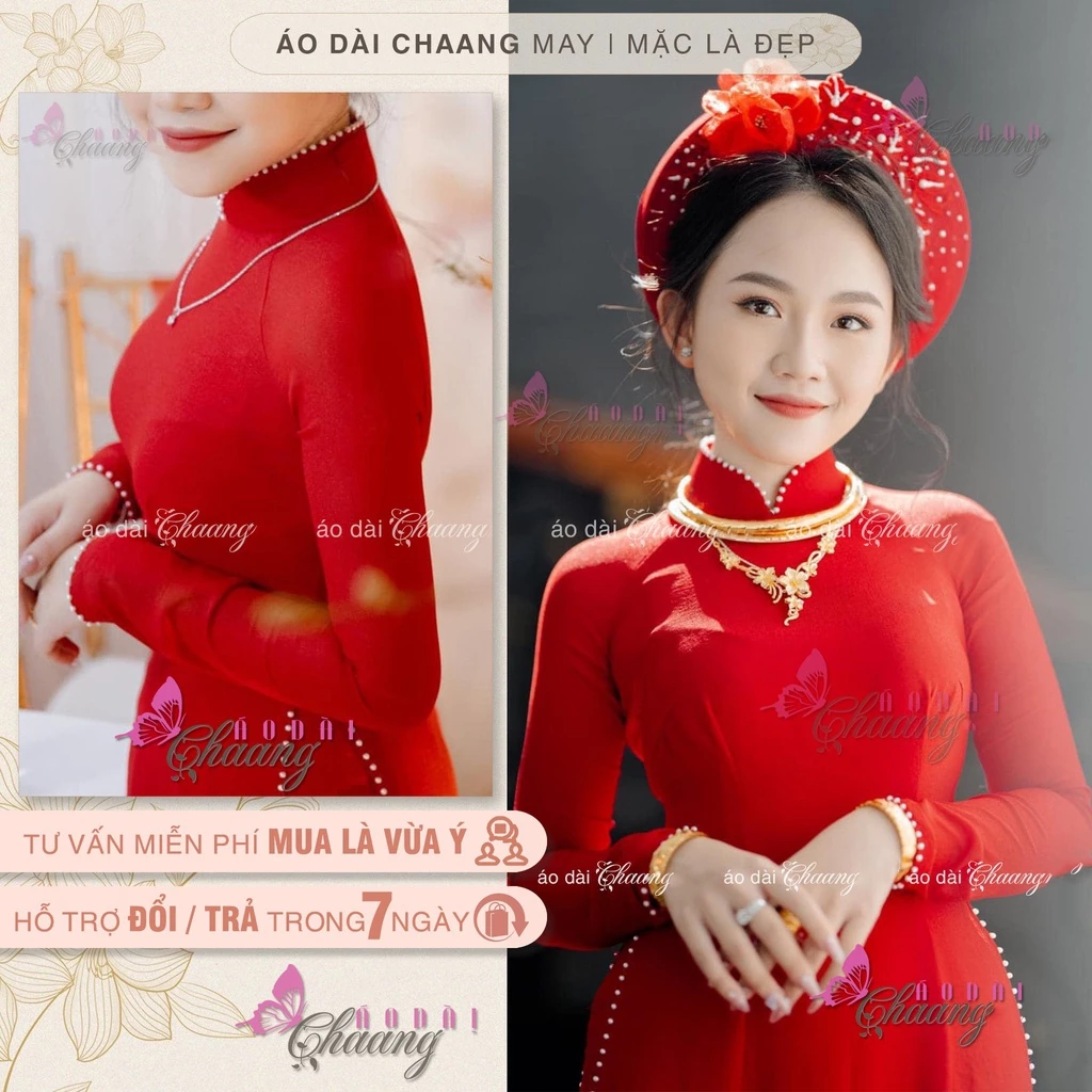 Áo dài cưới áo dài cô dâu đỏ lụa ngọc đẹp đính đá ngọc thủ công cao cấp