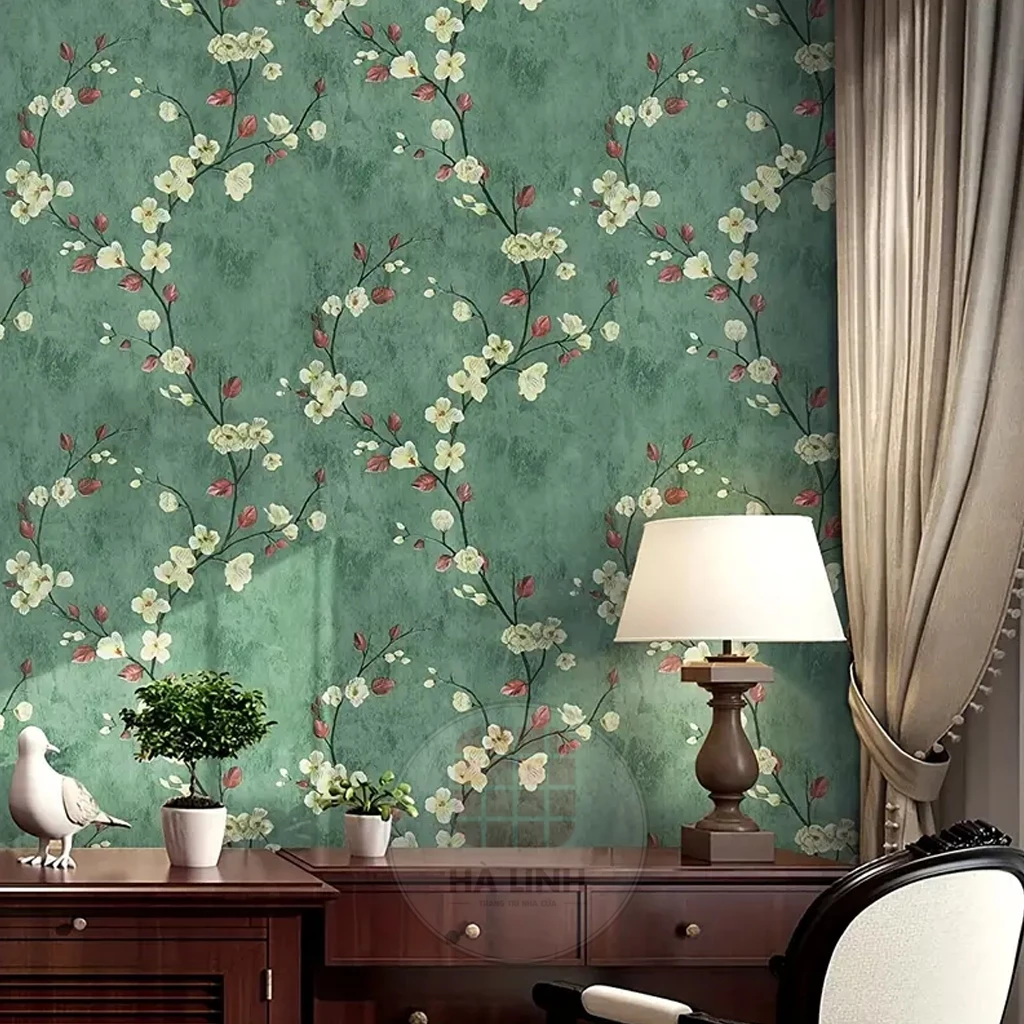 Giấy dán tường vintage họa tiết mai vàng 3d chống thấm nước dán phòng khách phòng ngủ khổ 45cm