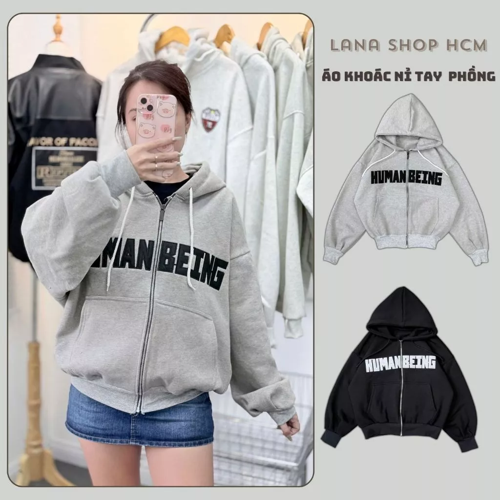 [Ảnh Thật] Áo Khoác Nỉ HUMANBEING Nón 2 Lớp Chất Nỉ Bông Form Unisex Tay Phồng Đẹp