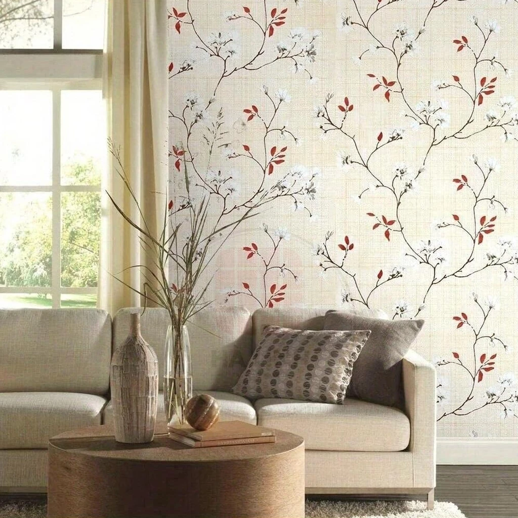 Decal dán tường sẵn keo họa tiết nhành mai hồng hoa trắng dán phòng khách, phòng ngủ, dán nội thất