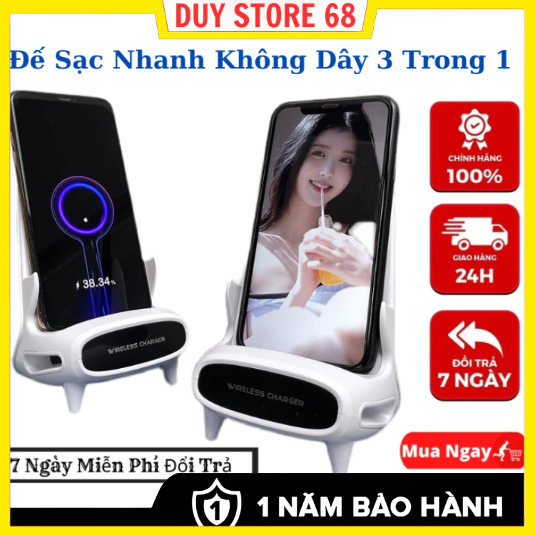 Đế sạc không dây kèm giá đỡ điện thoại thế hệ mới-3 in 1 Hổ trợ sạc nhanh 15W, Bảo hành 12 tháng