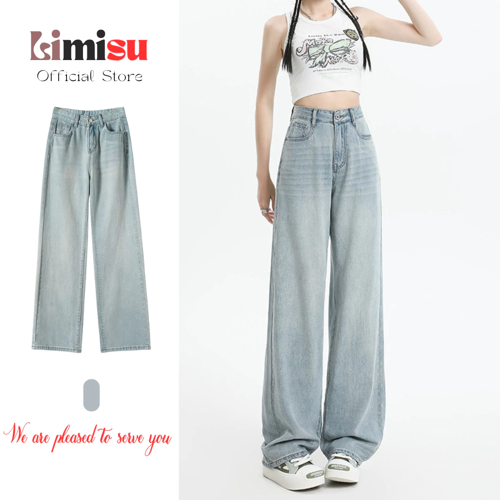Quần jean ống rộng nữ màu Retro wash mèo LIMISU, Quần Jean nữ ống suông rộng vải jean cao cấp phù hợp mọi outffit JK