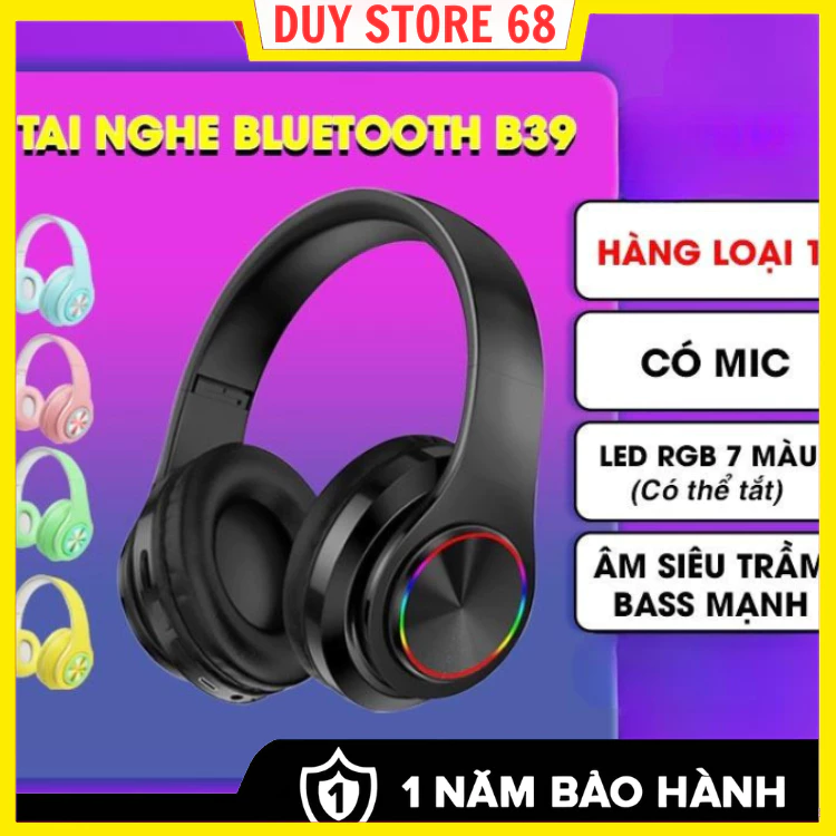 Tai Nghe B39 Bluetooth 5.0 Chụp Tai Nghe Nhạc Cực Hay Có Đèn LED,Có hỗ trợ thẻ nhớ, tặng kèm jack 3.5mm, Bảo Hành 1 Năm