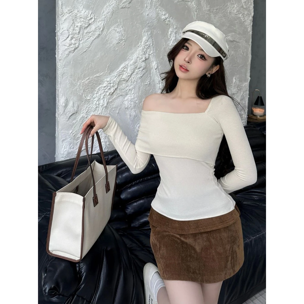 Áo Thun Lệch Vai Nhũ Ánh Kim Dài Tay Phong Cách Sang Trọng, Ôm Sát Body Tôn Dáng Nữ Tính
