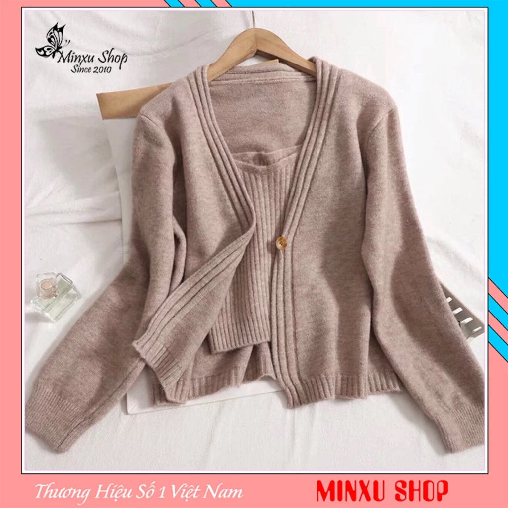 Set 2 Áo Len Nữ Trơn (Áo Cadigan+Áo 2 Dây) Chất Len Đanh Dày Dặn Hàng QC Minxu Shop CK30