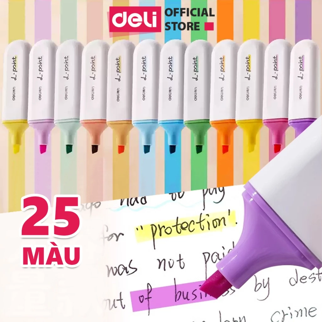 Bút highlight Deli 25 màu đánh dấu nhớ dòng dạ quang Deli màu pastel/neon cho học sinh