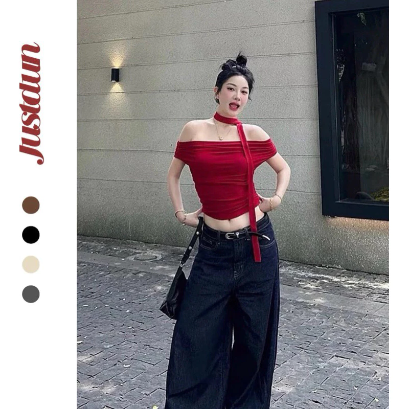 [Mặc 10 KIỂU] Áo trễ vai KÈM DÂY cộc tay nữ JUSTDUN thun cotton mềm mịn Z24