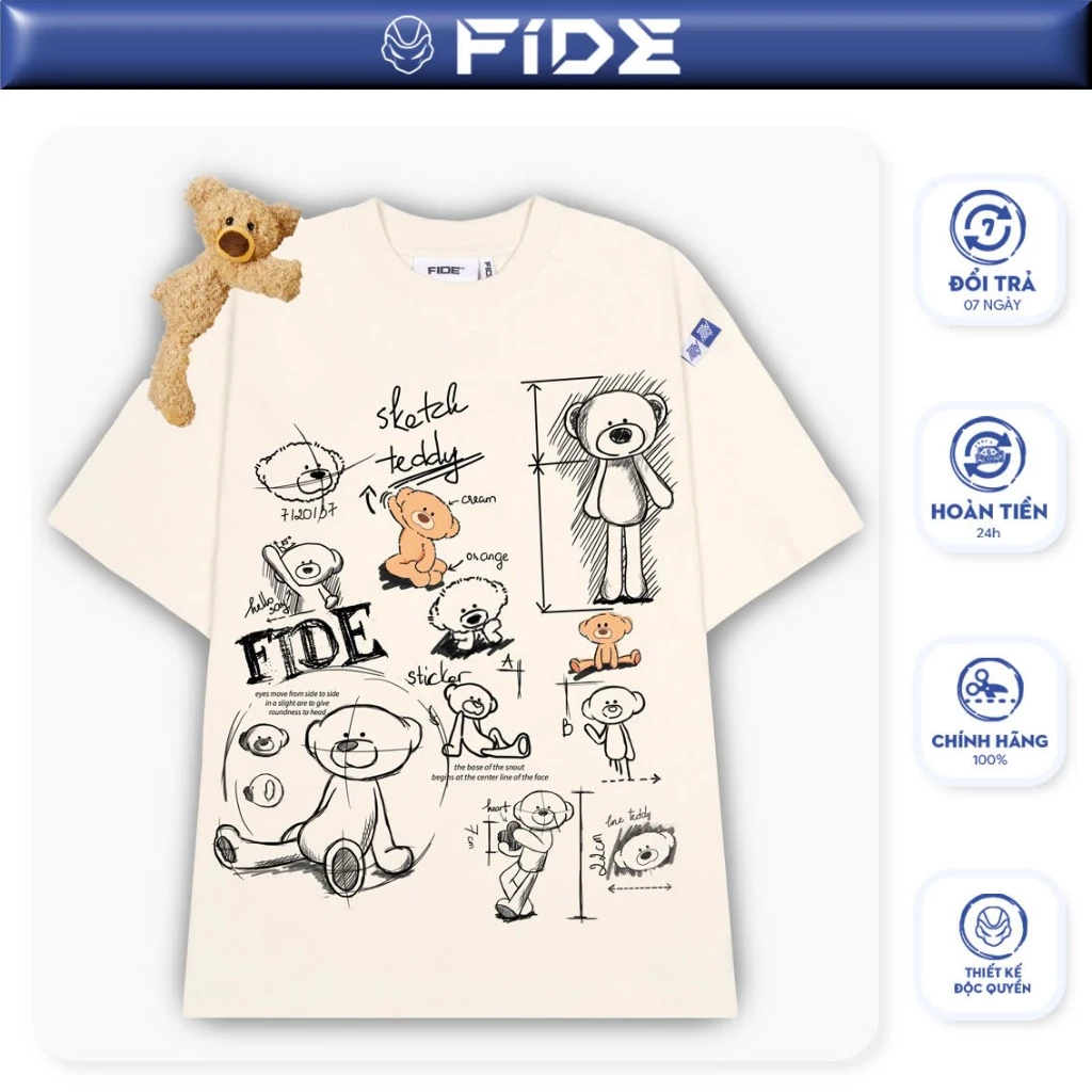 Áo thun FIDE TEEDY phông cotton unisex nam nữ form rộng cổ tròn áo đính gấu - AT49(TẶNG KÈM GẤU)