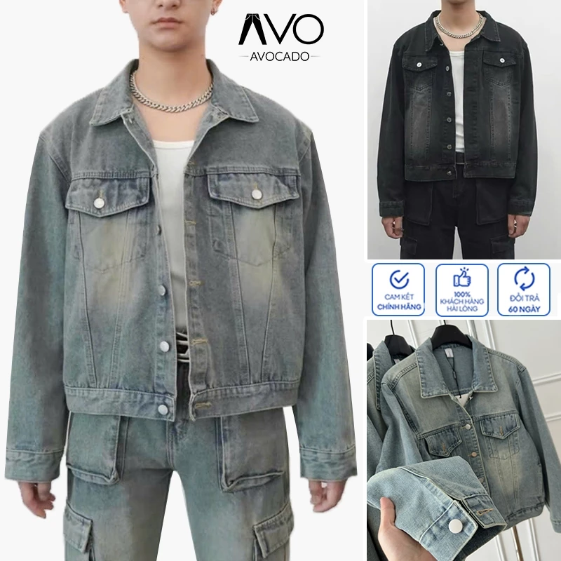 Áo Khoác Jean Bò Denim jacket nam nữ form Boxy Unisex Avocado wash màu xanh đen retro cao cấp bigsize