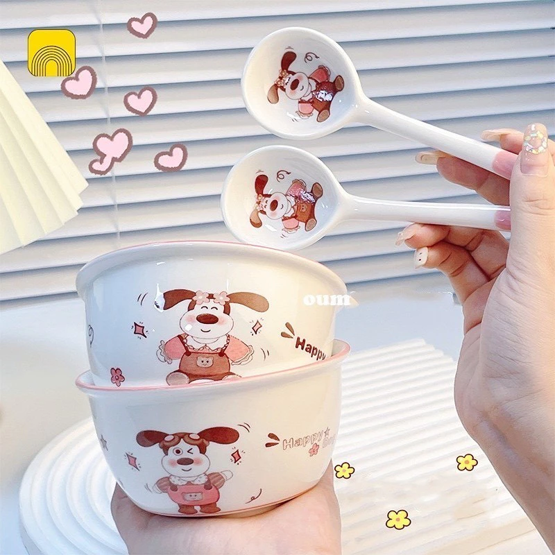 SET 2 BÁT CÚN HỒNG KÈM 2 THÌA SIÊU XINH- BÁT LỢN - BÁT GẤU