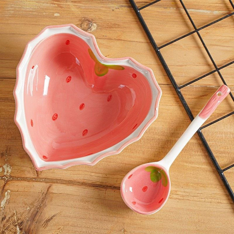 Chén Bát , ly sứ Sứ Hình Trái Tim, Bát Kèm Thìa Sứ Cao Cấp Trang Trí- BÁT GẤU LỢN HÔNG