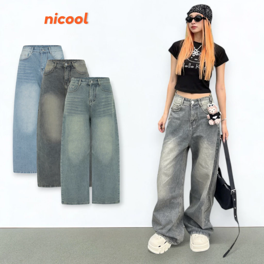Quần jeans nữ ống rộng form trái bí thời trang, quần bò NICOOL ống suông lưng cao tôn dáng N41-Q60