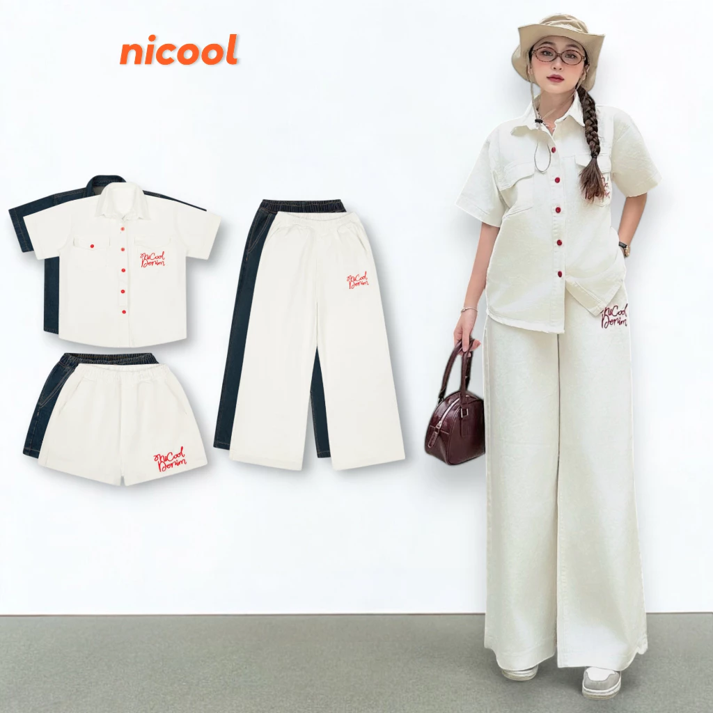 Set Jean Unisex Nam Nữ NICOOL Thêu Chữ Nổi, Set Áo Sơ Mi, Quần Short, Quần Dài Cạp Chun N41-P1