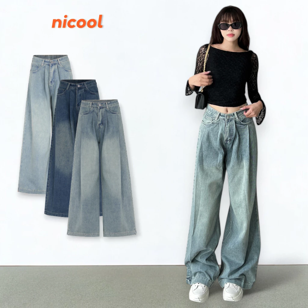 Quần jeans nữ NICOOL dáng suông dài ống rộng xếp ly lưng cao tôn dáng phong cách retro N41-Q58