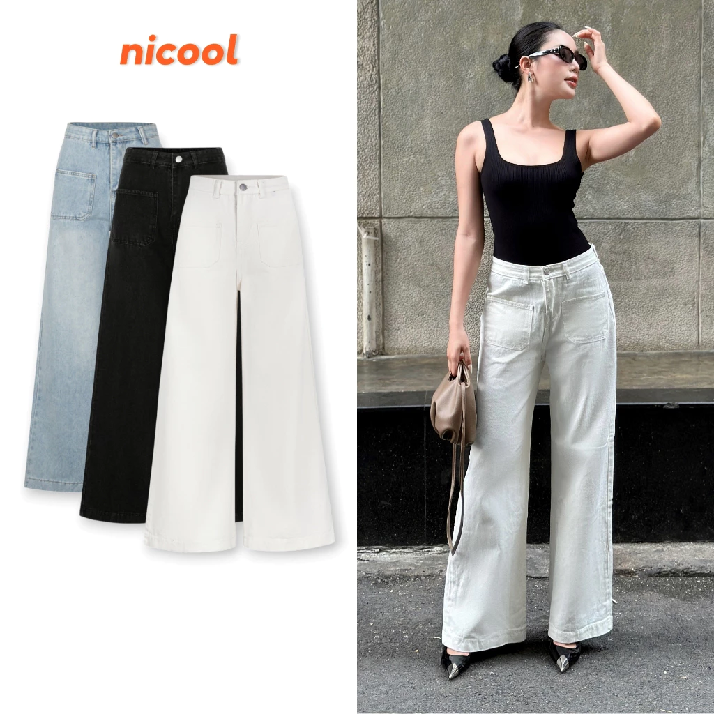 Quần jeans nữ NICOOL dáng suông dài ống loe rộng lưng cao màu trắng basic sang trọng N41-Q54