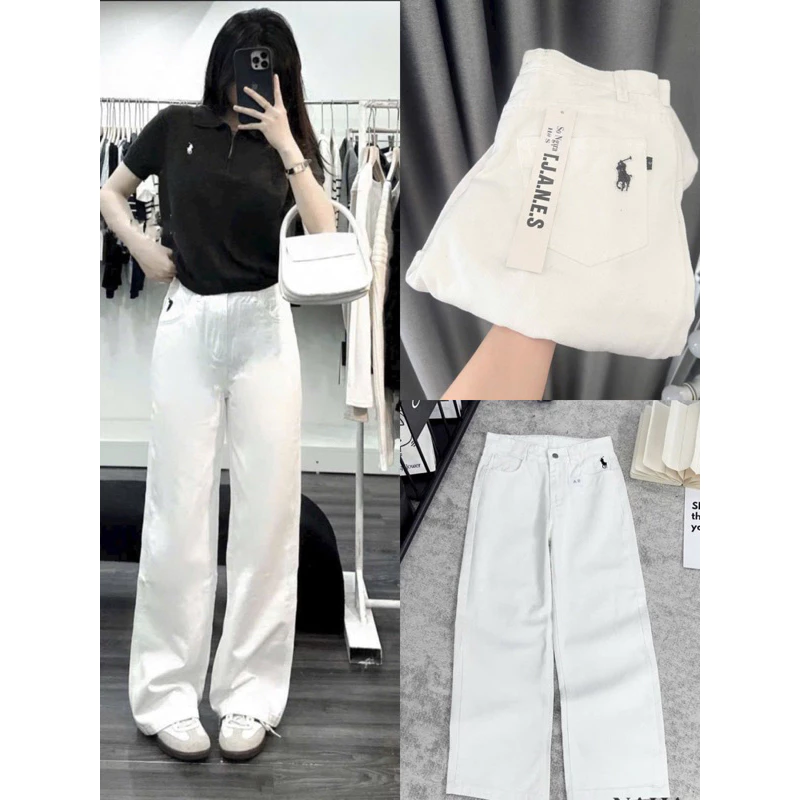 Quần Bò Jeans Nữ Trắng Hoạ Tiết Ngựa Ống Đứng, Quần Bò Denim Suông Ống Rộng Trơn Màu Trắng Cạp Cao Hách Dáng Cực Đỉnh