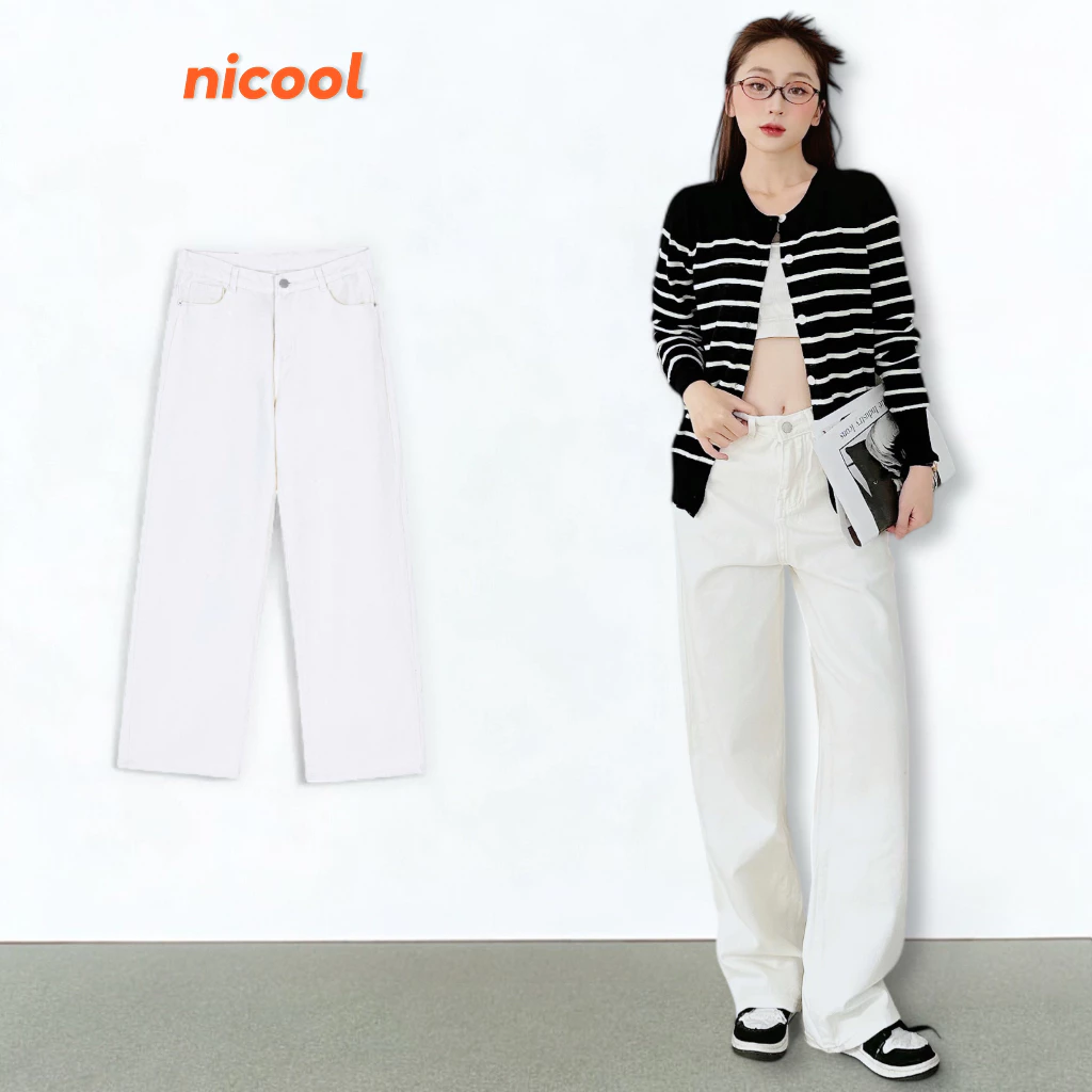 Quần jeans nữ ống suông dài màu trắng, quần bò nữ NICOOL cạp cao tôn dáng N41-Q23