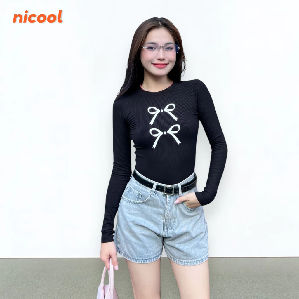 Áo Thun Tay Dài Nữ Cổ Tròn Form Ôm Họa Tiết Nơ Freesize Nicool N22-T20