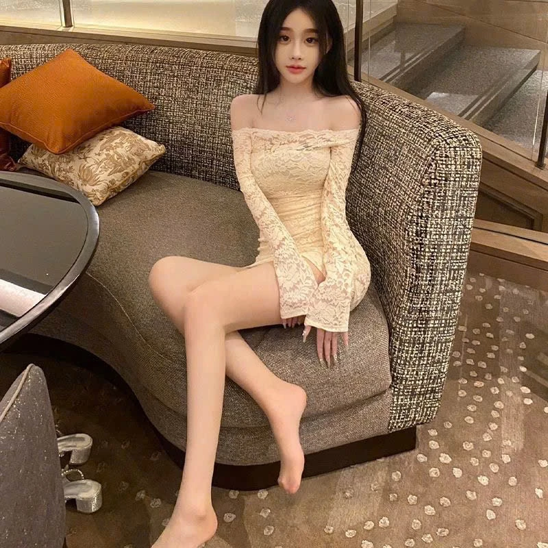 Váy body trễ vai tôn dáng chất ren co giãn, váy ôm body dài tay thời trang vintage retro pháp