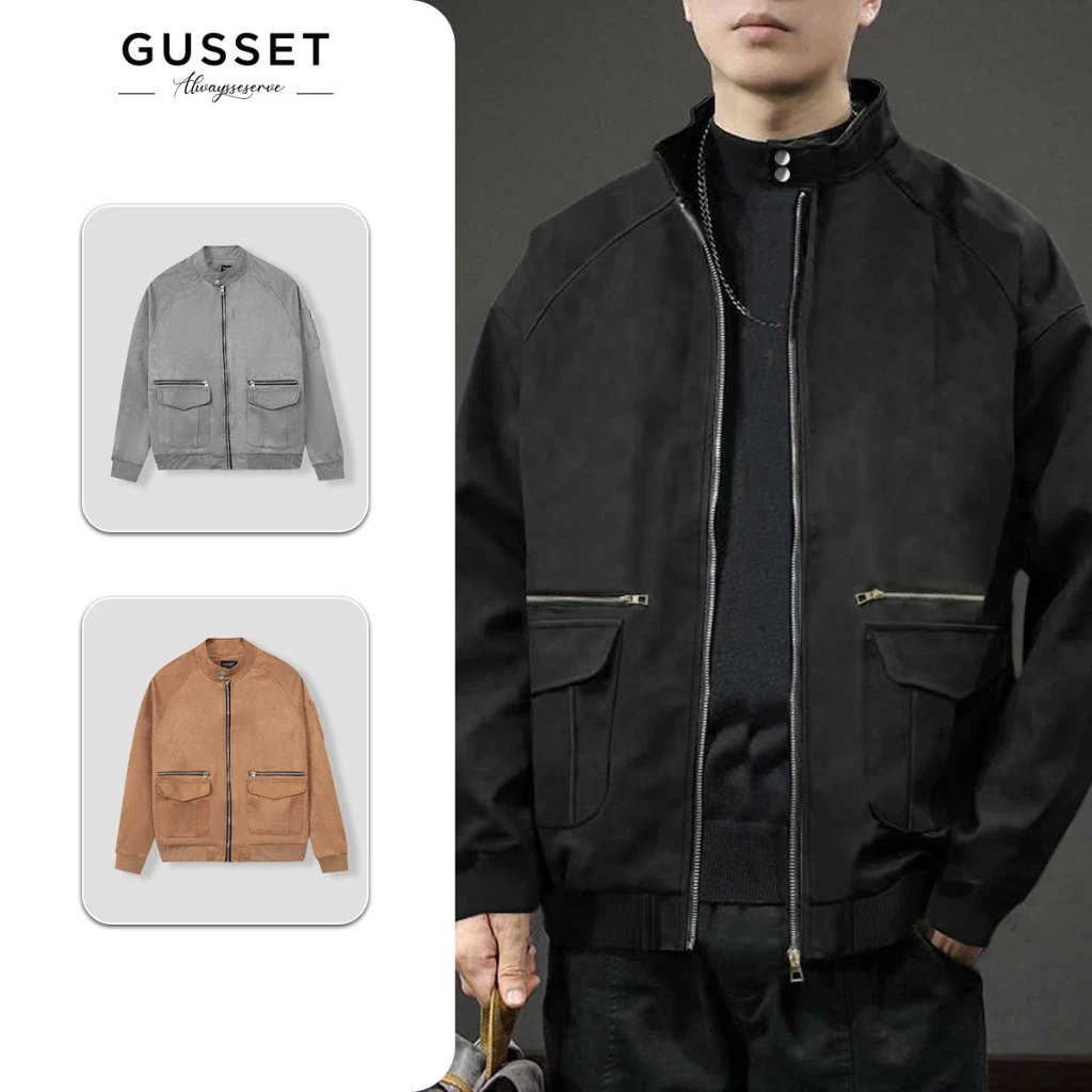 Áo khoác nam da lộn GUSSET OAK008 thiết kế cổ cao phối khóa, form rộng oversize style hàn quốc