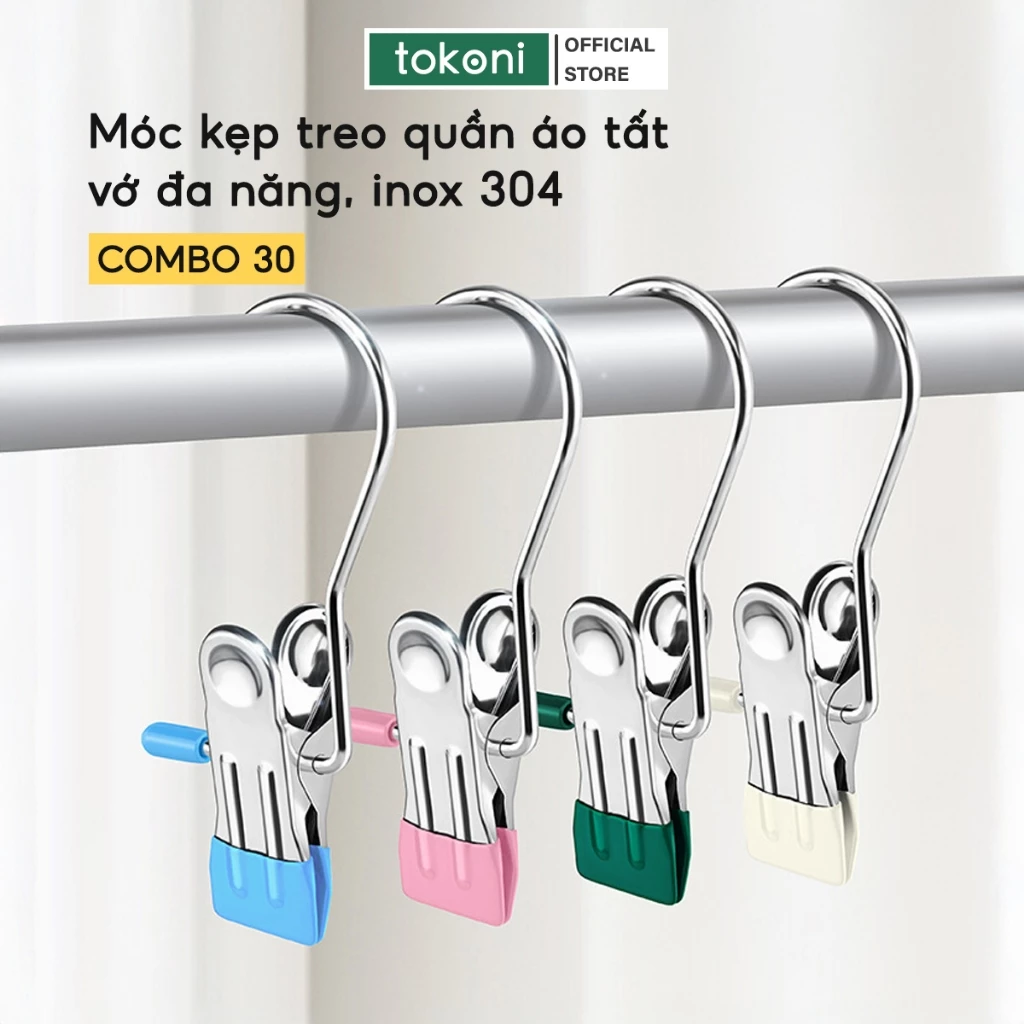 COMBO 30 Móc Kẹp Quần Áo Tất Vớ Treo Đồ Tiện ích JYoohome Móc Treo Quần Áo Đa Năng INOX Chống Gỉ