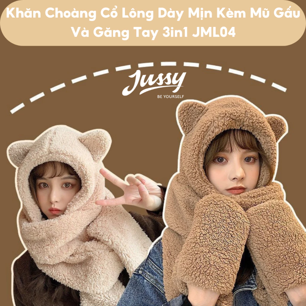 Khăn Len Choàng Cổ Kèm Mũ Gấu Và Găng Tay 3in1 JML04 Jussy Official Mũ Gấu Lông Dày Ấm Áp Hàng Dày Đẹp Nặng 250gr