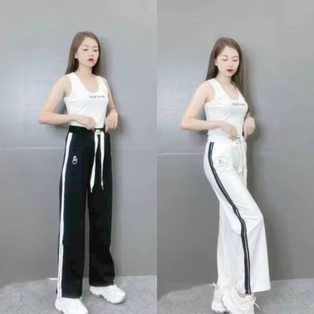 Quần Dài Ống Rộng Thêu Thỏ Form Suông Unisex Vải Nỉ Cotton Thiết Kế 3 Sọc Thế Thao