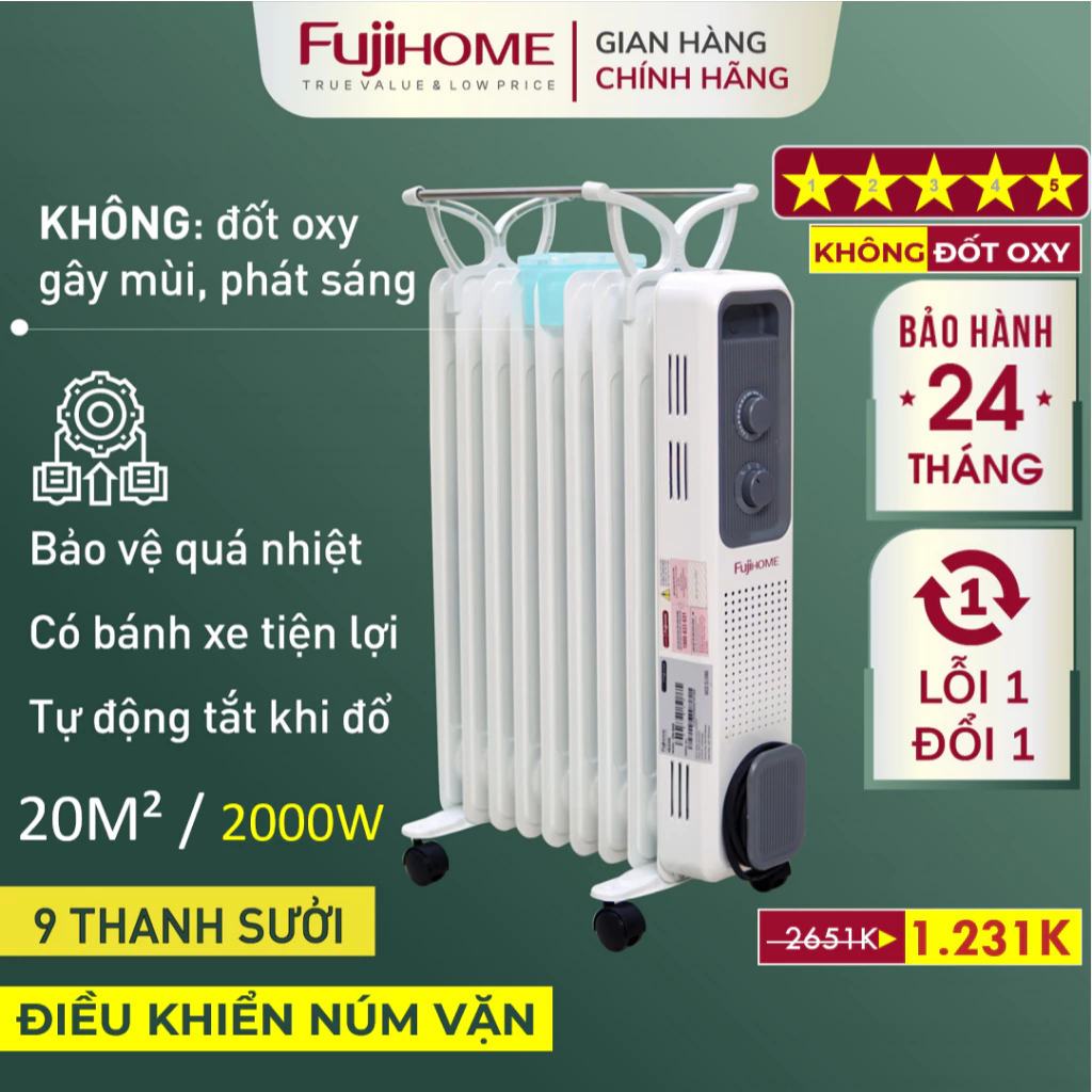 Máy sưởi dầu Nhập Khẩu không khô da FUJIHOME OH849 9 thanh, lò sưởi tự ngắt không đốt oxy